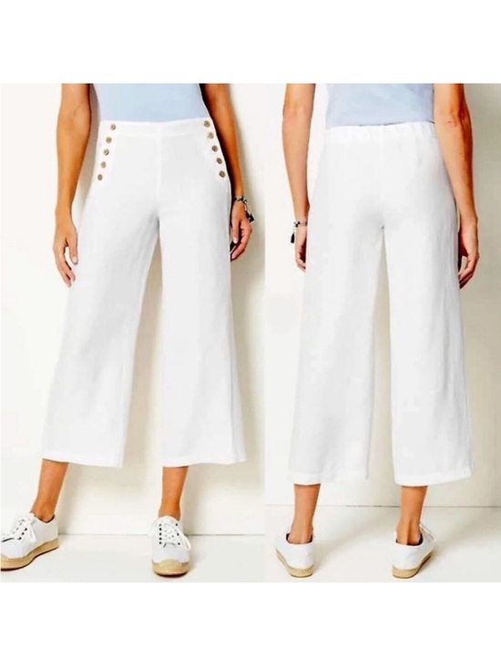 J. Jill Pants - J. Jill White Linen Sailor Button Wide Leg Stretch Cropped Pants size 16